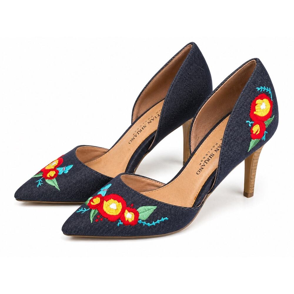 Christian Siriano Floral Embroidered D’Orsay Heels Navy Blue Pointed Toe Size 7